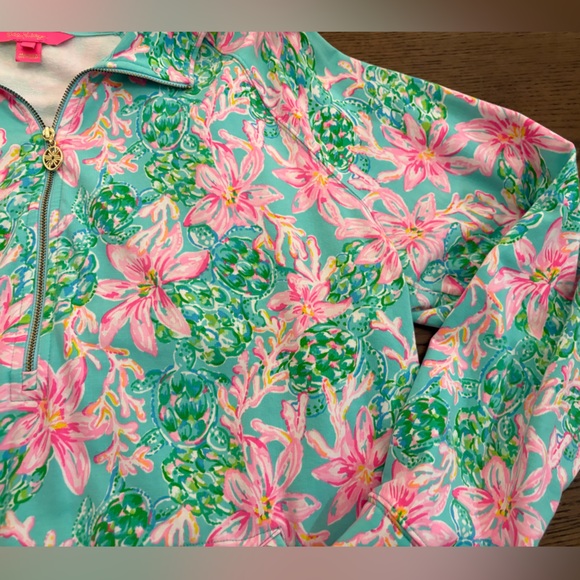Lilly Pulitzer Quarter Zip- Pink & teal floral print with sea turtles. - Picture 10 of 12